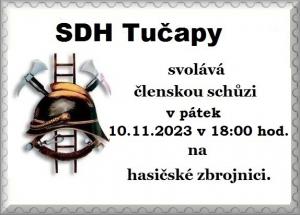 SDH Tučapy svolává členskou schůzi 10.11.23 v 18:00