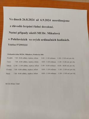 MUDr. Talaš - dovolená od 26.8. - 6.9.2024