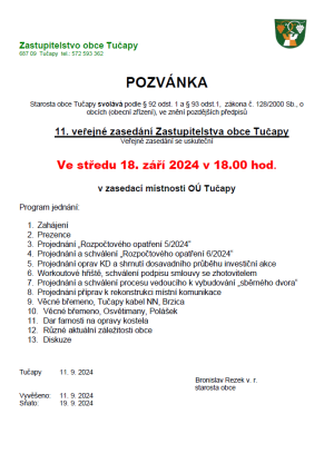 Pozvánka na veřejné zasedání zastupitelstva obce Tučapy - středa 18.9.2024